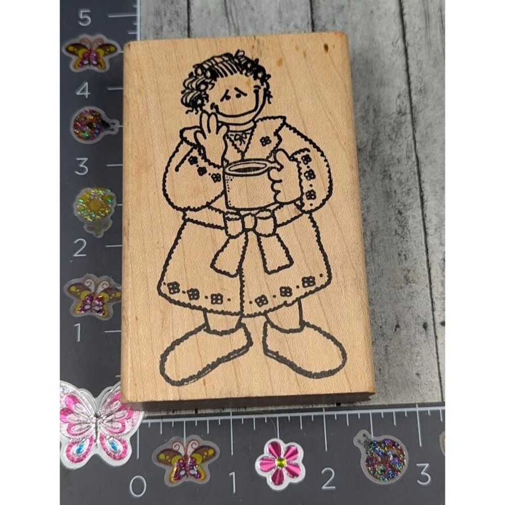 Love You To Bits Woman Lady Holding Mug Coffee Morning Rubber Stamp Wood #i113